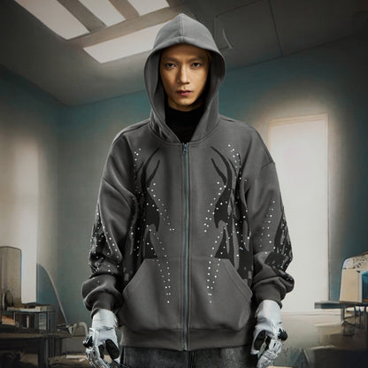 Totem Print Rhinestone Oversize Zipper Hoodie WN22736