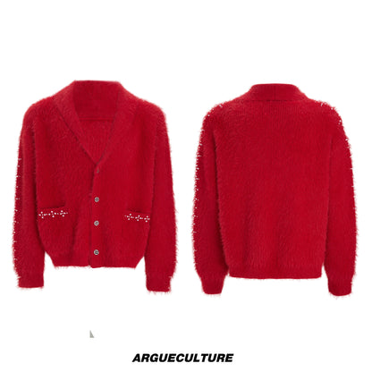 Fake Fur Heavyweight Beads Decor Knit Cardigan WN22613