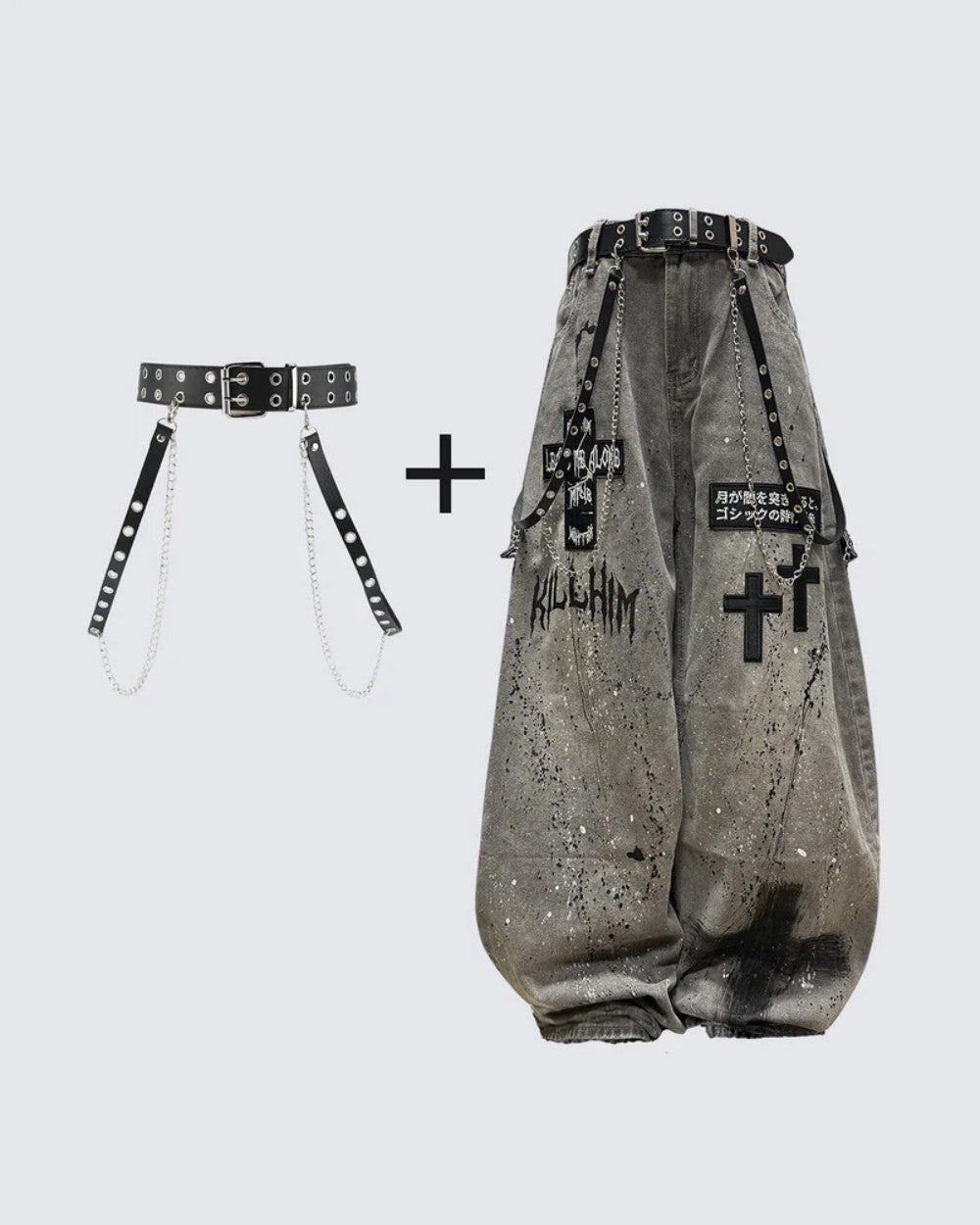 Ink Splash Ripped Detachable Metal Chain Wide Leg Denim Jeans WN27871