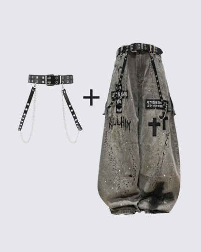 Ink Splash Ripped Detachable Metal Chain Wide Leg Denim Jeans WN27871