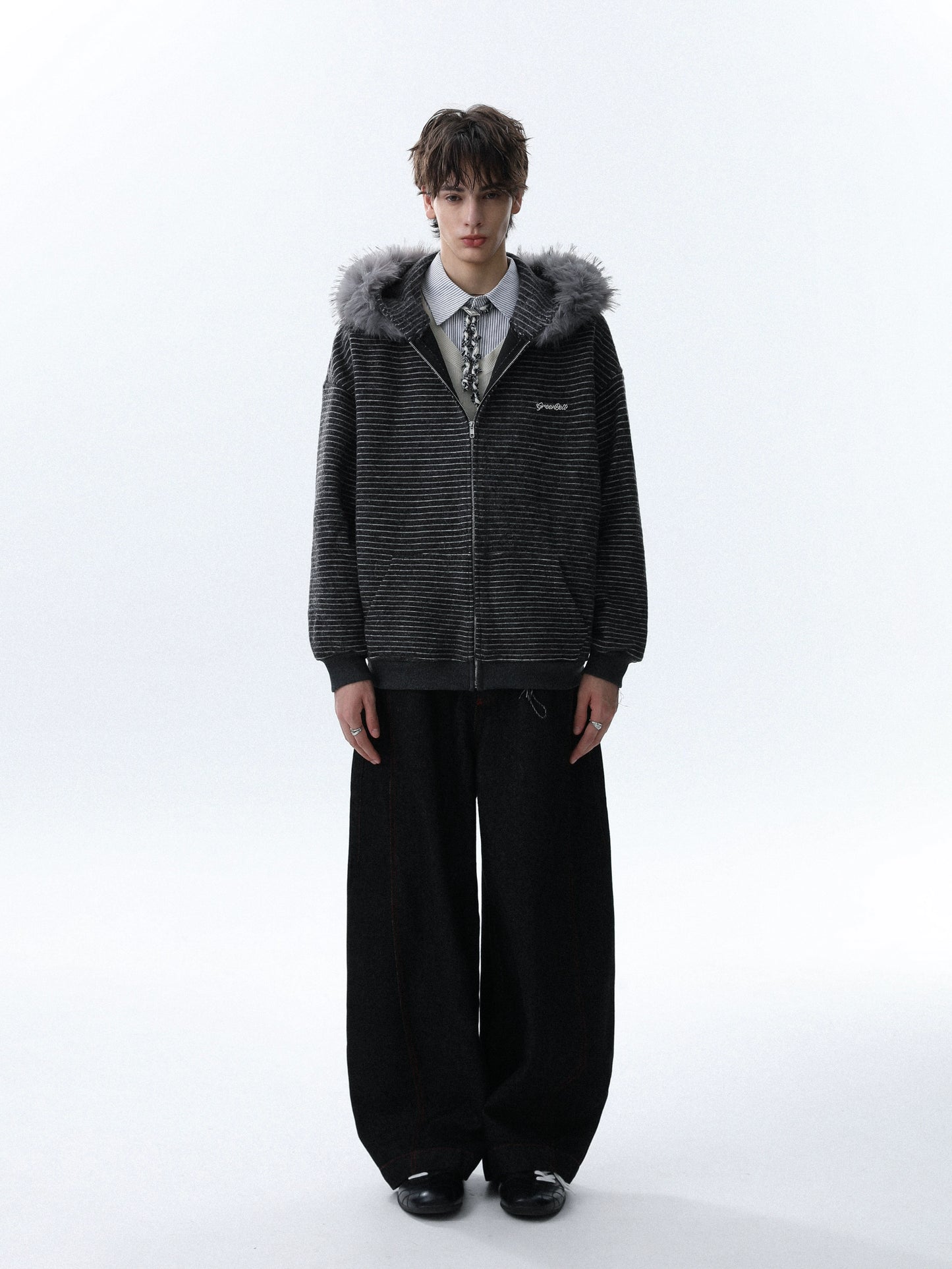 Detachable Fake Fur-Collar Zipper Hooded Jacket WN22120