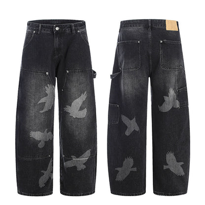 Graphic Design Wide-Leg Straight Denim Jeans WN18535