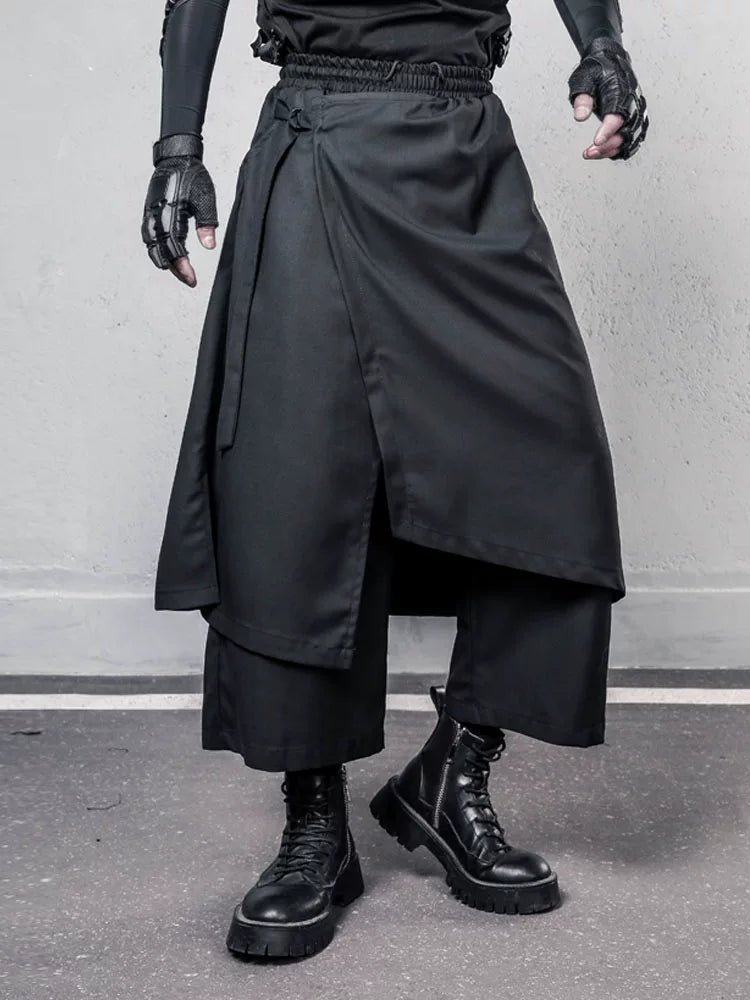 Irregular Fake Layered Ribbon Strap Cropped Wide Leg Pants WN22497