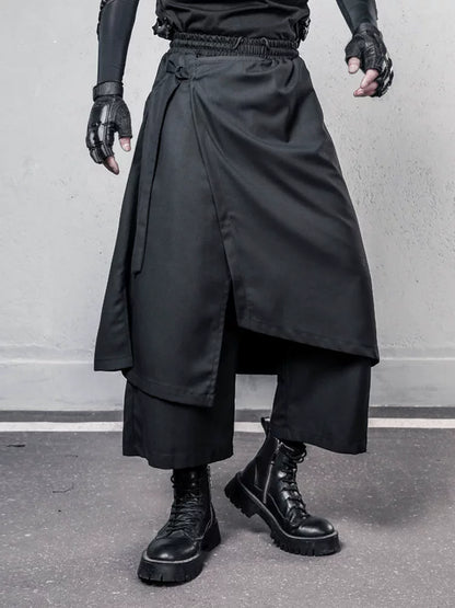 Irregular Fake Layered Ribbon Strap Cropped Wide Leg Pants WN22497