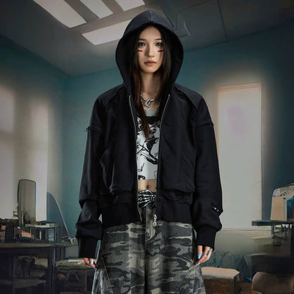 Fringe Deconstructed Patchwork Short Zipper Hoodie WN20583