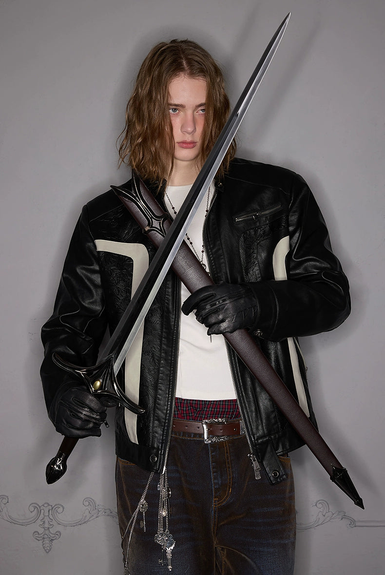 3D Patchwork Print Panel PU Leather Zipper Jacket WN17875