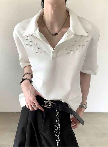 Studs Design Plain Collar Oversize Short Sleeve Polo Shirt WN20358