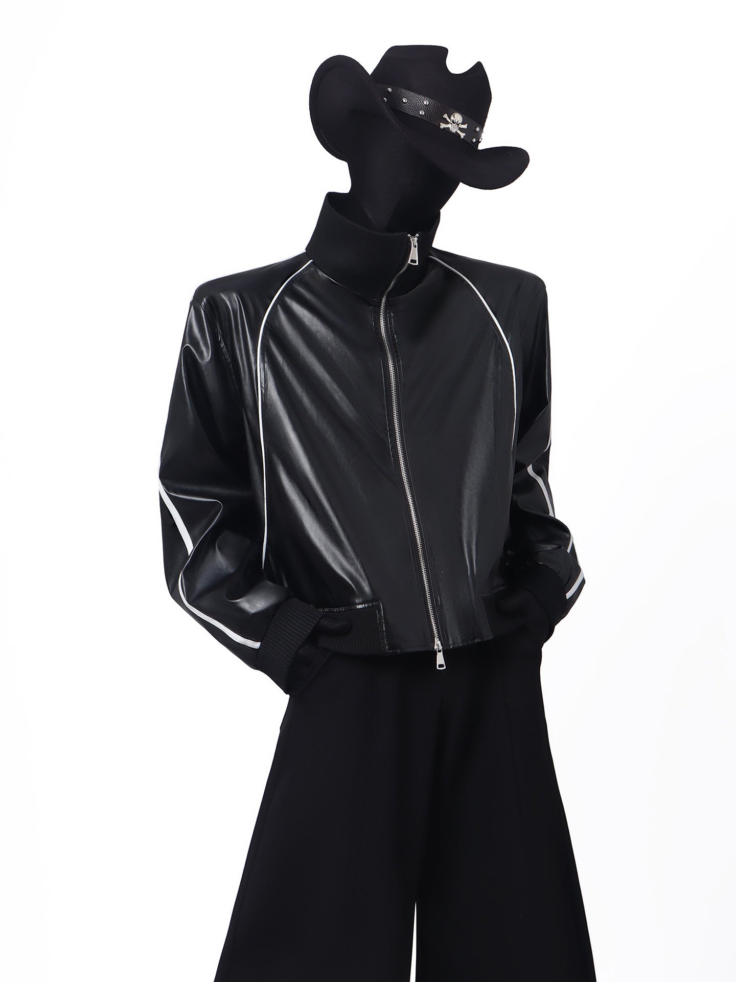 Contrast Line PU Leather Short Jacket WN23676