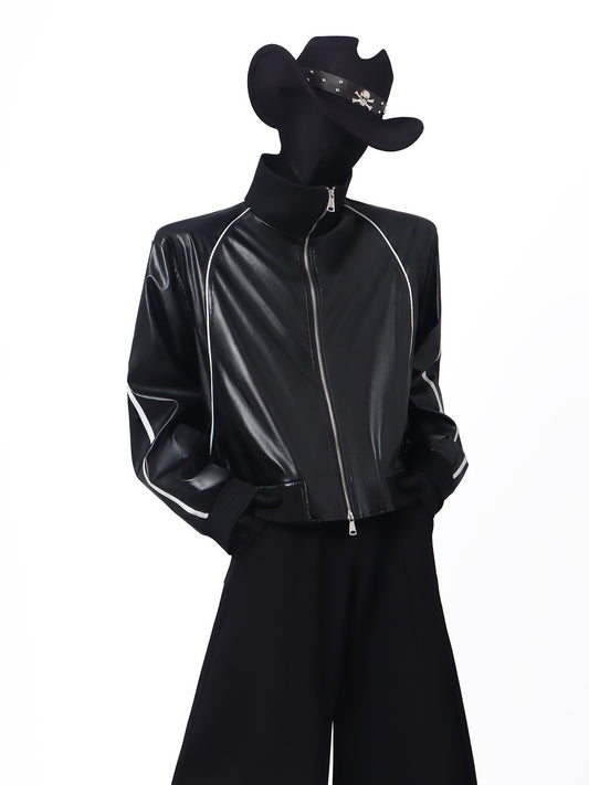 Contrast Line PU Leather Short Jacket WN23676
