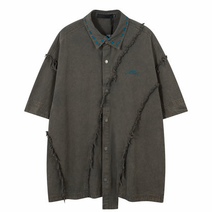 Washed Patchwork Damage Oversize Short Sleeve Shirt WN24432
