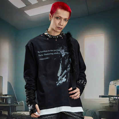 Washed Digital Portrait Slogan Print Stud Long Sleeve T-Shirt WN20559