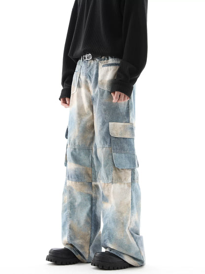 Tie-Dye Gradient Multi-Pocket Wide-Leg Cargo Denim Jeans WN10353