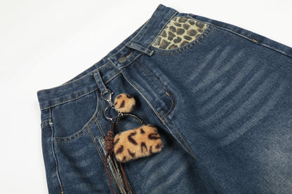 Leopard Print Cross Wide Leg Denim Jeans WN25579