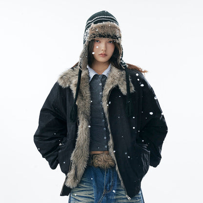 Fake Fur Collar Fleece Lining Zipper Jacket WN21908