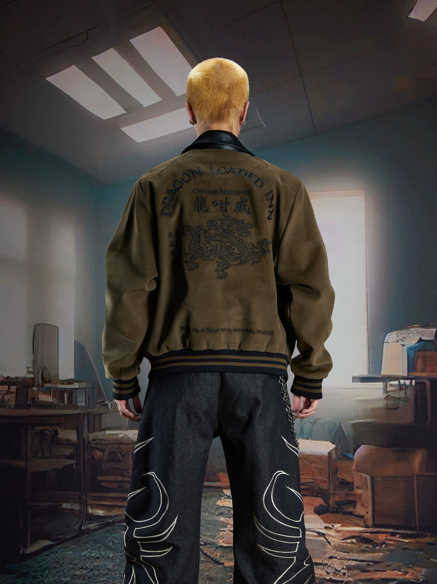 Embroidery Corduroy PU Leather-Collar Jacket WN21351