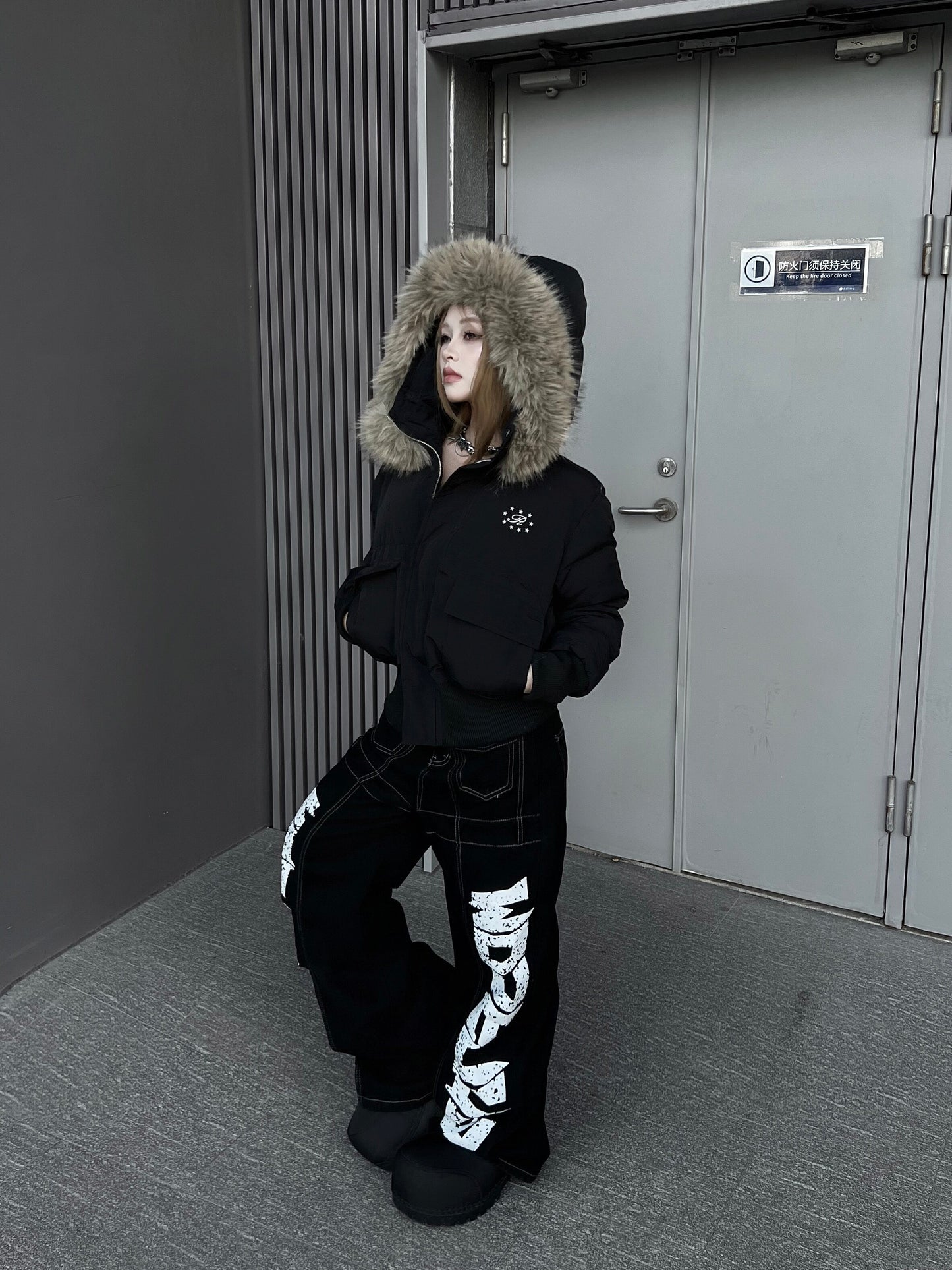 Fake Fur Collar Short Hooded Puffer Jacket WN24195