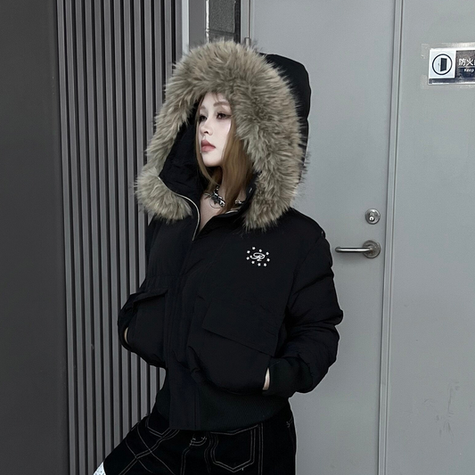 Fake Fur Collar Short Hooded Puffer Jacket WN24195