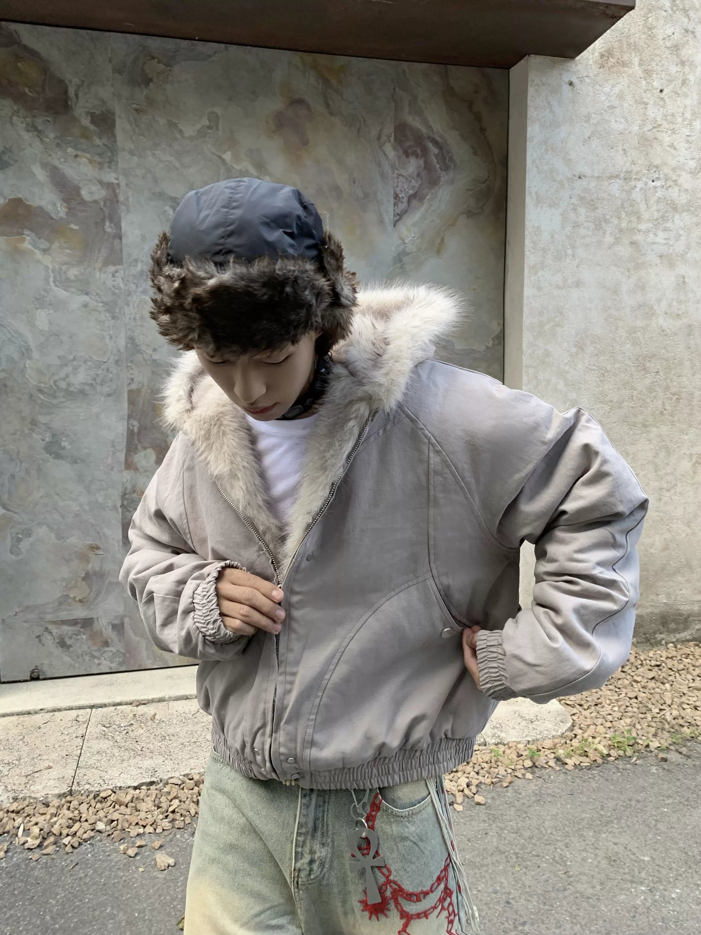 Hooded Fake Fur Canvas Padded Jacket WN22231