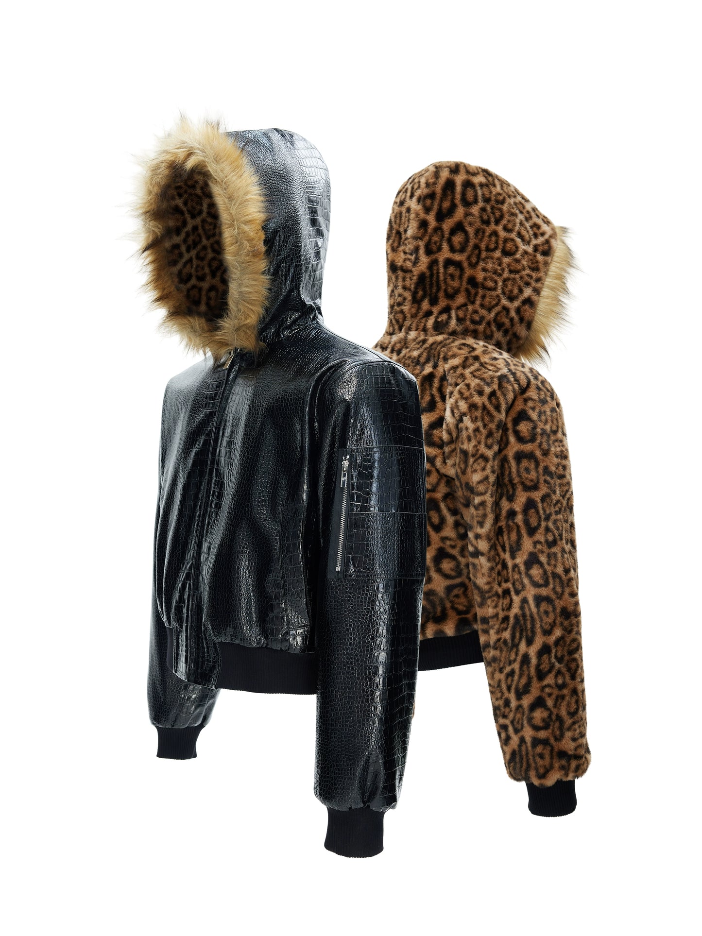 PU Leather Fleece Lining Reversible Leopard Print Hooded Jacket WN22623