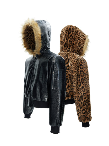 PU Leather Fleece Lining Reversible Leopard Print Hooded Jacket WN22623