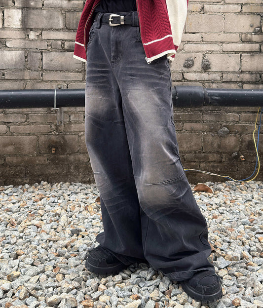 Heavyweight Wash Pleats Flare Denim Jeans WN22995