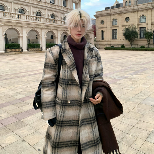 Lapel Stripe Plaid Thick Coat WN19797