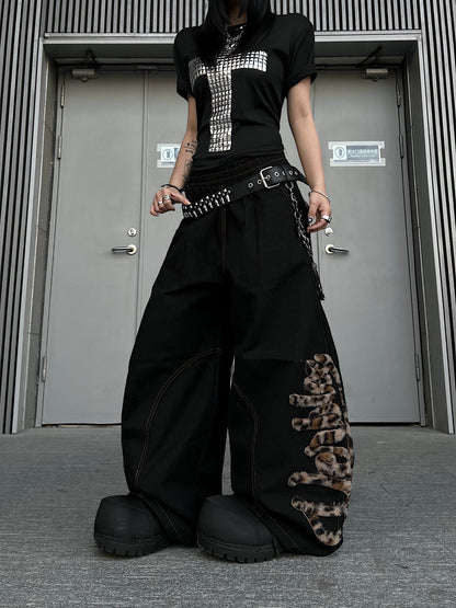Embroidery Leopard Fuzzy Curved Wide Leg Denim Jeans WN24232