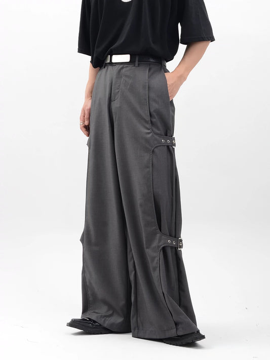 Metal Buckle Design Wide Leg Straight Trousers WN6110
