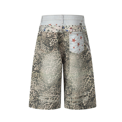 Allover Leopard Print Wide Leg Short Denim Jeans WN25650