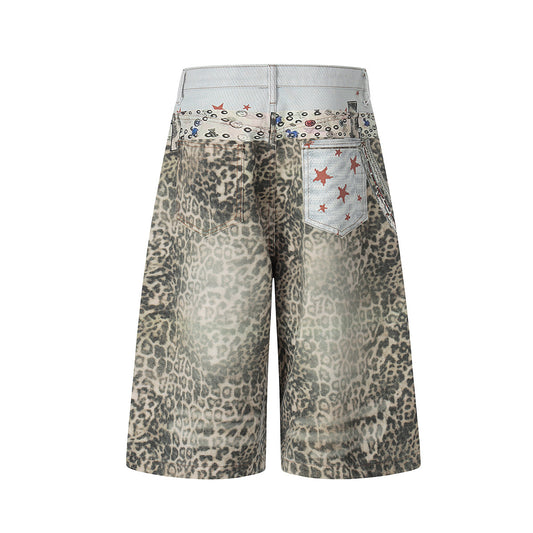 Allover Leopard Print Wide Leg Short Denim Jeans WN25650