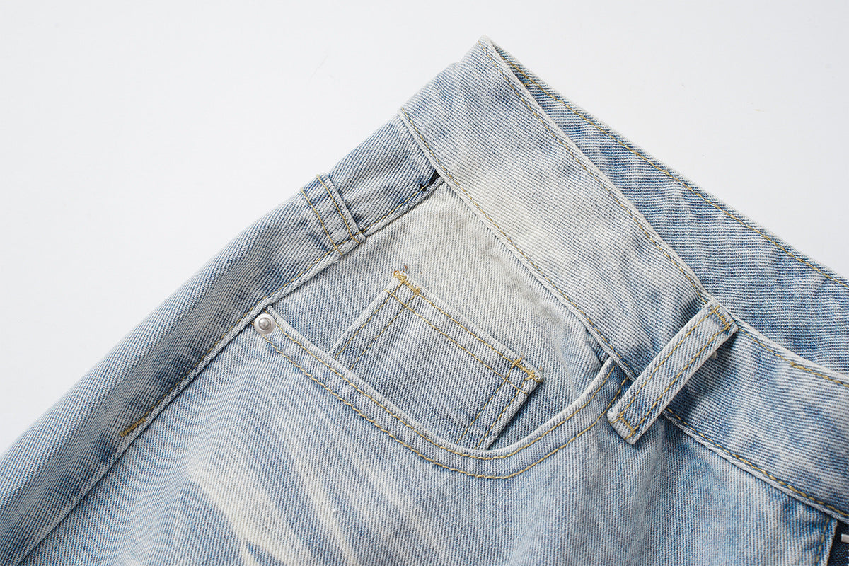 Washed Whisker Damage Wide Leg Denim Jeans WN25532