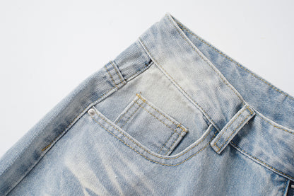 Washed Whisker Damage Wide Leg Denim Jeans WN25532