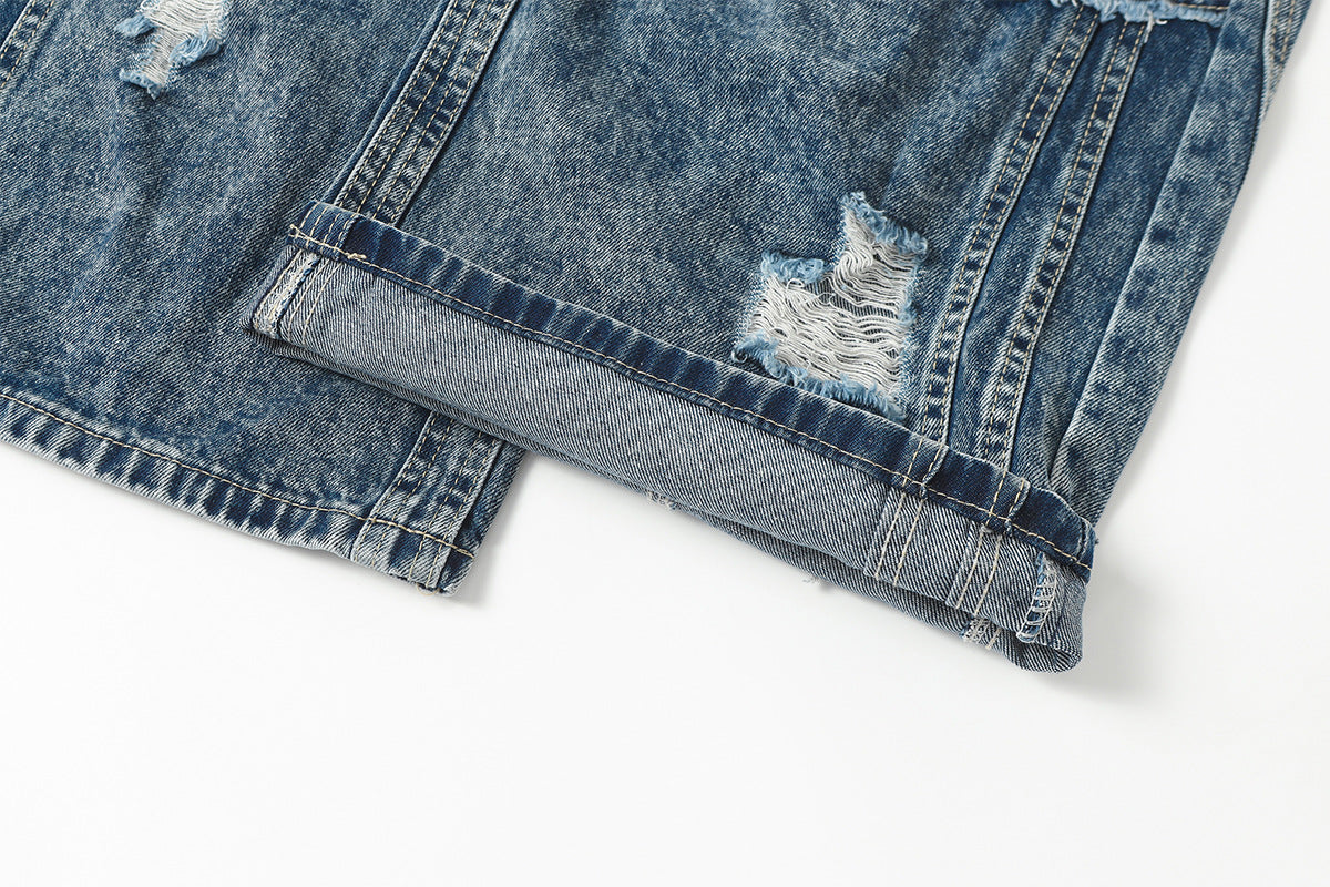 Washed Damage Splice Wide Leg Denim Jeans WN25742