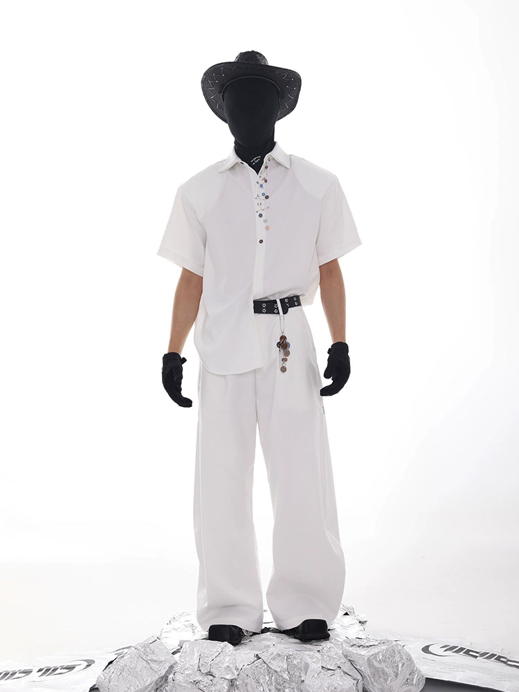 Double Collar Pin Decor Shoulder-Pad Short Sleeve Shirt & Ttrousers Setup WN18621