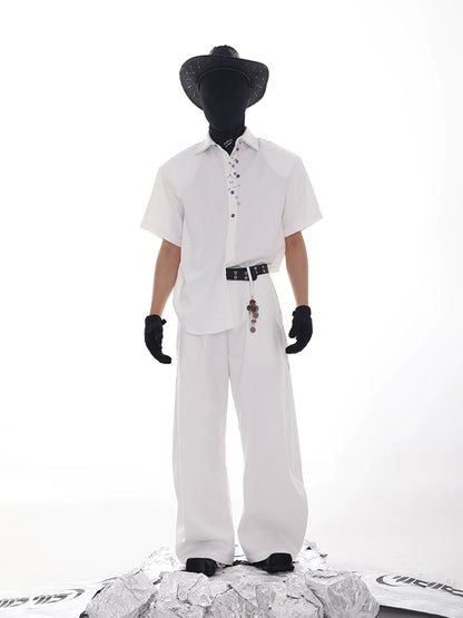 Double Collar Pin Decor Shoulder-Pad Short Sleeve Shirt & Ttrousers Setup WN18621