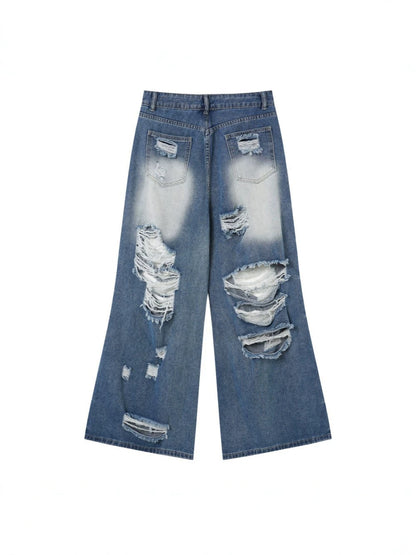 Damage Washed Wide Leg Denim Jeans WN27962