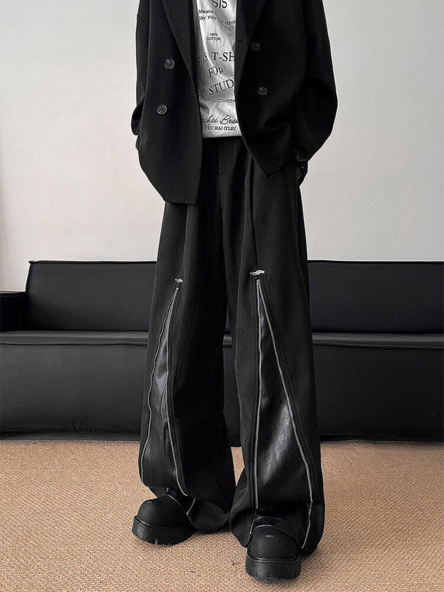 PU Leahter Mix Zipper Design Drape Baggy Trousers WN19331-K