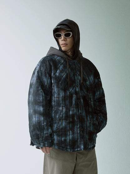 Layered Plaid Washed Hooded Puffer Jacket WN12168