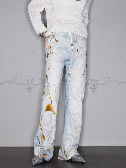 Burnout Lace Patchwork Digital 3D Print Flare Denim Jeans WN17961