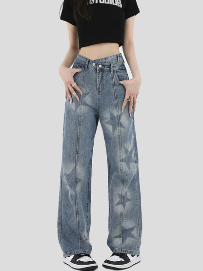 High Waist Star Wide-Leg Straight Denim Jeans WN7210