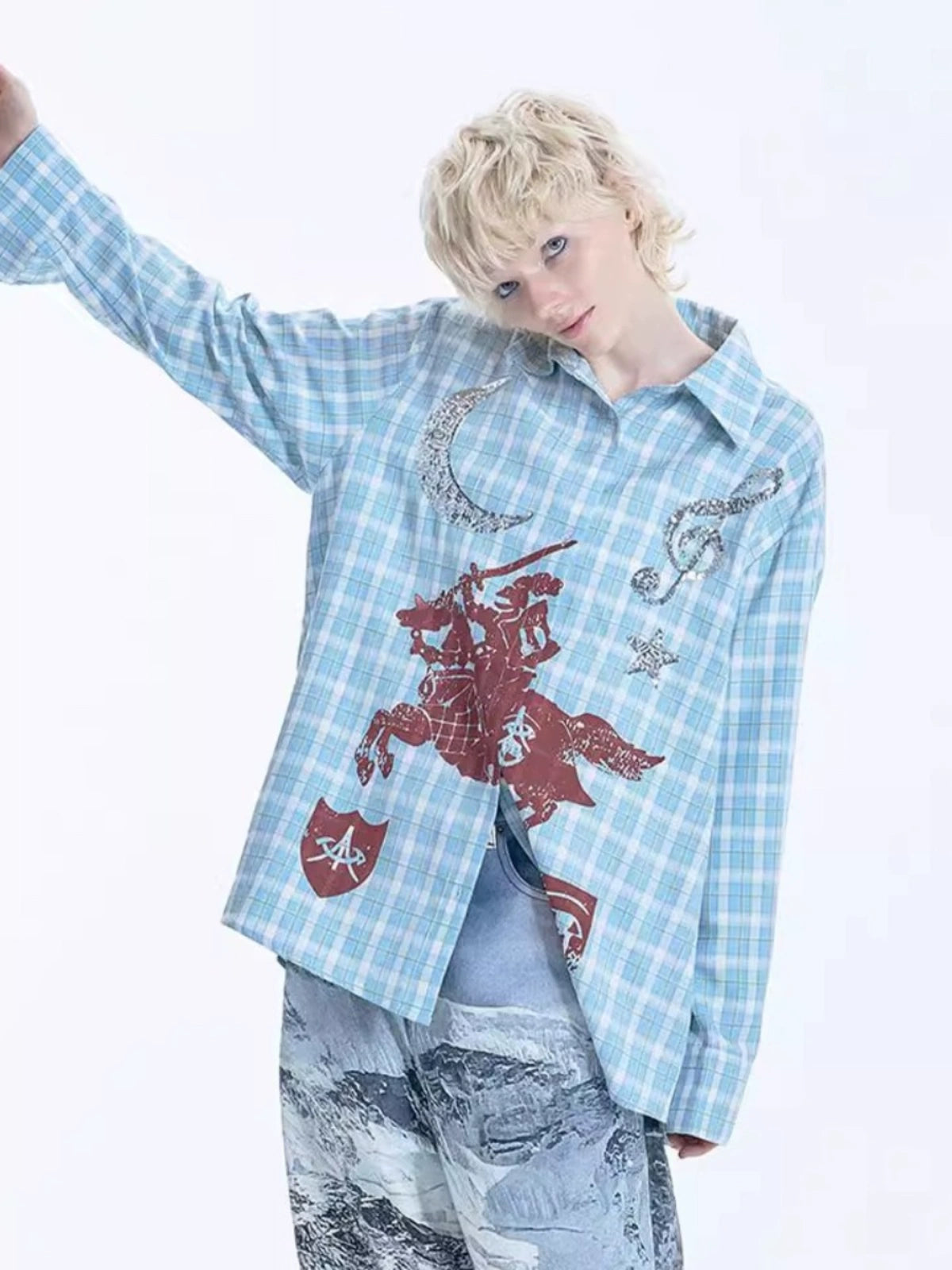 Don Quixote Print Sequin Embroidery Long Sleeve Shirt WN18993