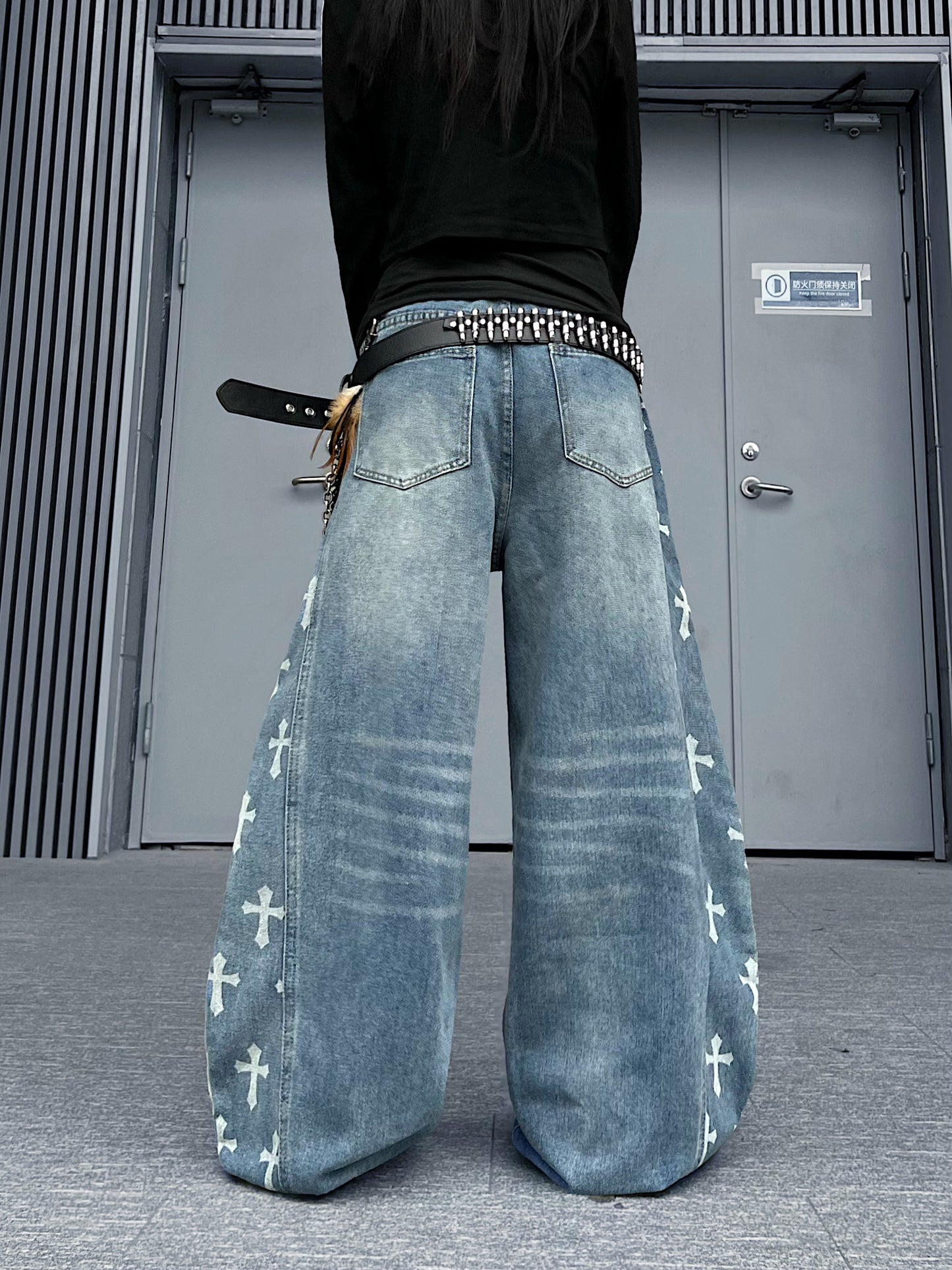 Cross Print Washed Curved Draped Wide Leg Denim Jeans WN24224