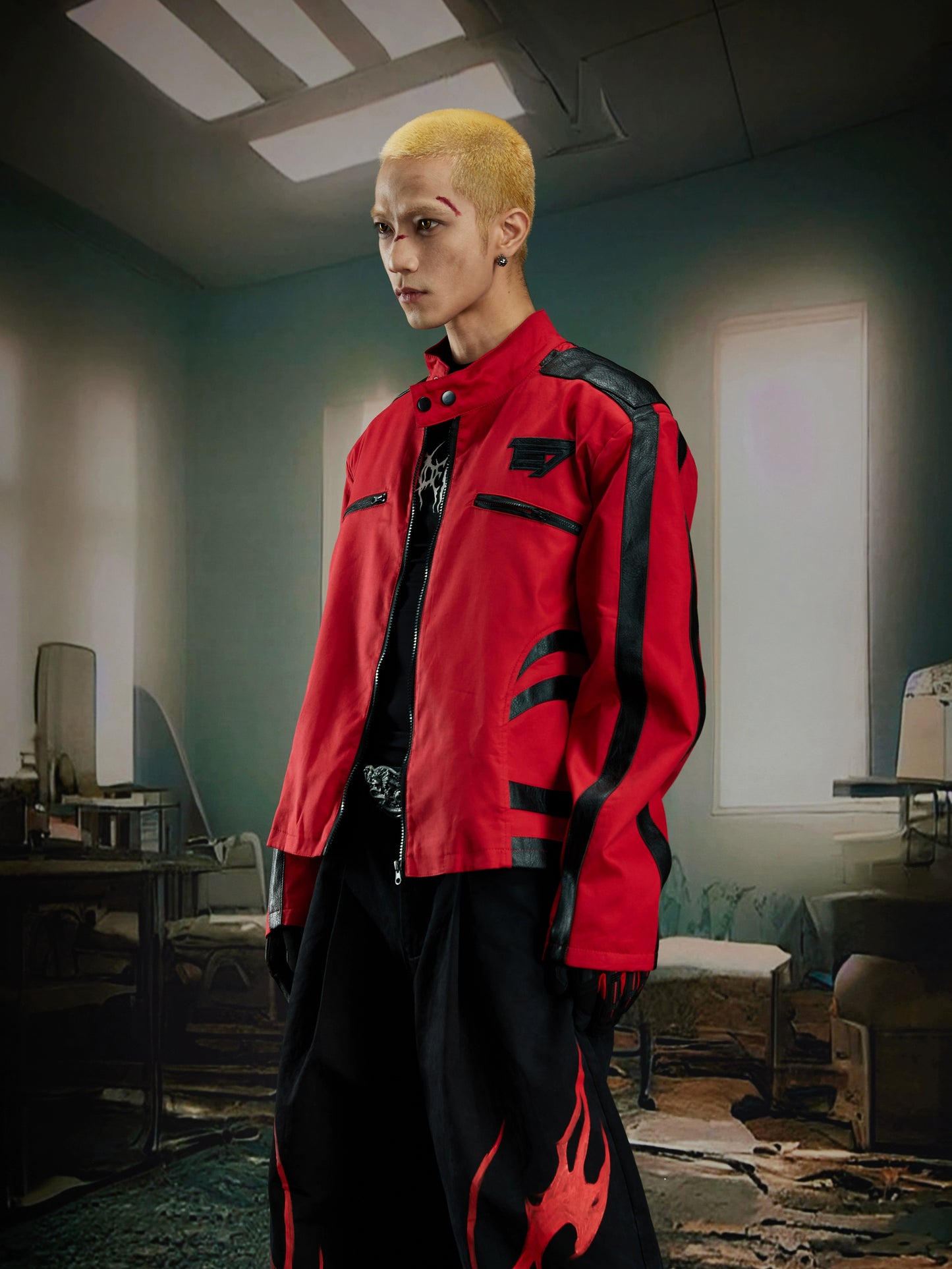 Standing-Collar Contrast Patchwork PU Leather Jacket WN21377