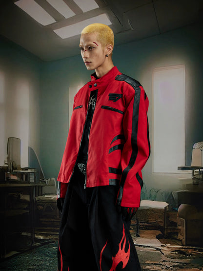 Standing-Collar Contrast Patchwork PU Leather Jacket WN21377