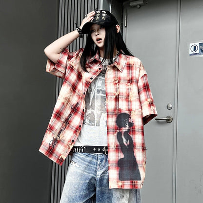 Plaid Damage Print Short Sleeve Shirt  WN24190