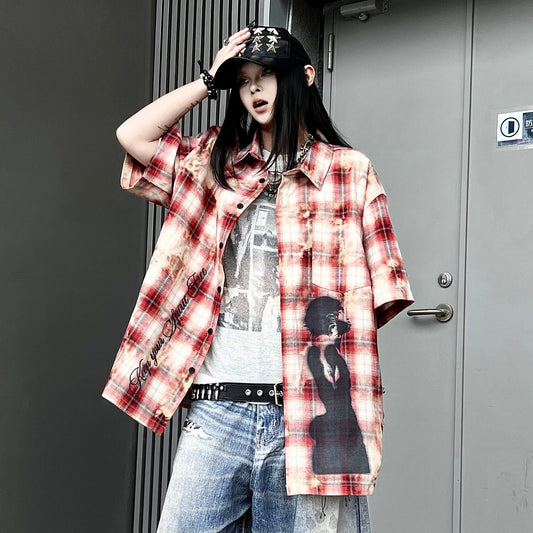 Plaid Damage Print Short Sleeve Shirt  WN24190