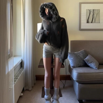 Fake Fur Collar Damage Zipper Knit Hoodie WN28100