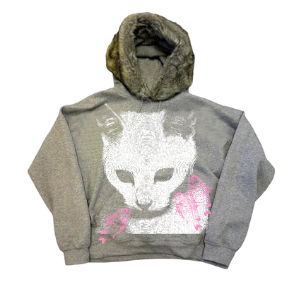 Cat Print Fake Fur Collar Hoodie WN20913
