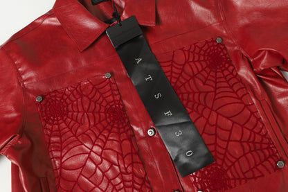 Shoulder-Pad Spider Web PU Leather Jacket Wide Leg Pants Setup WN27913