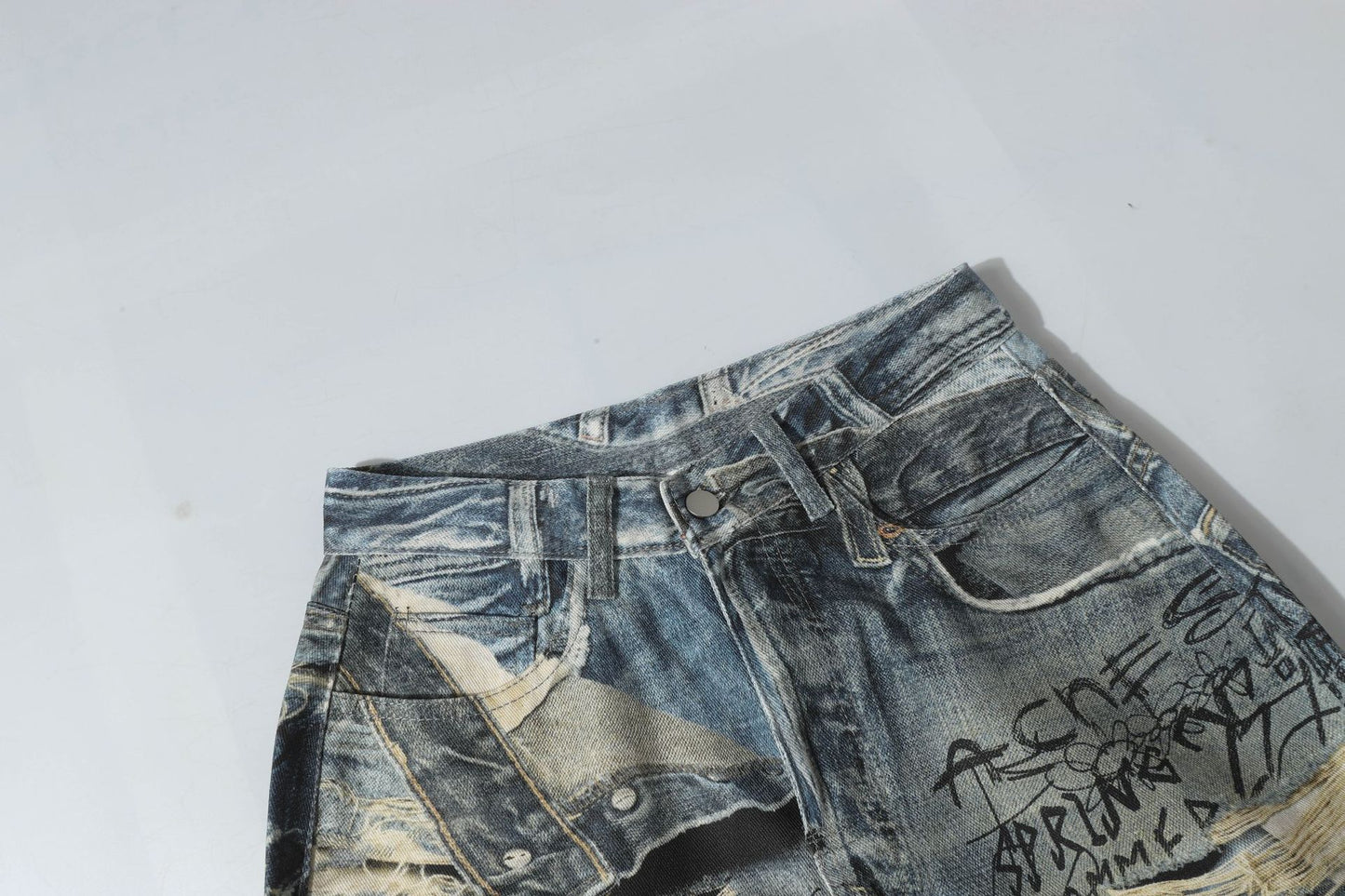 3D Graffiti Print Washed Wide Leg Denim Jeans WN18595